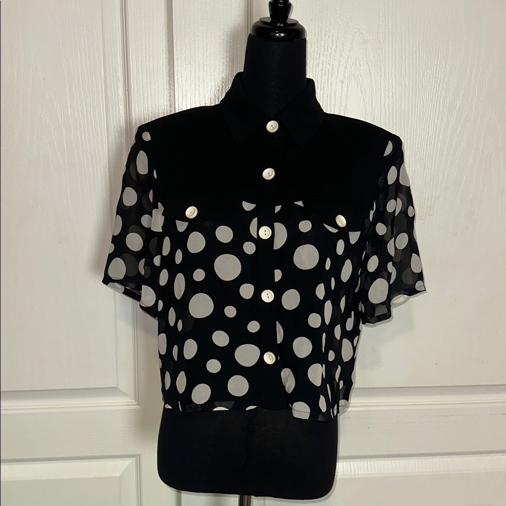 80s VTG JOSEPH RIBKOFF SHEER POLKA DOT BUTTON UP CROP BLOUSE